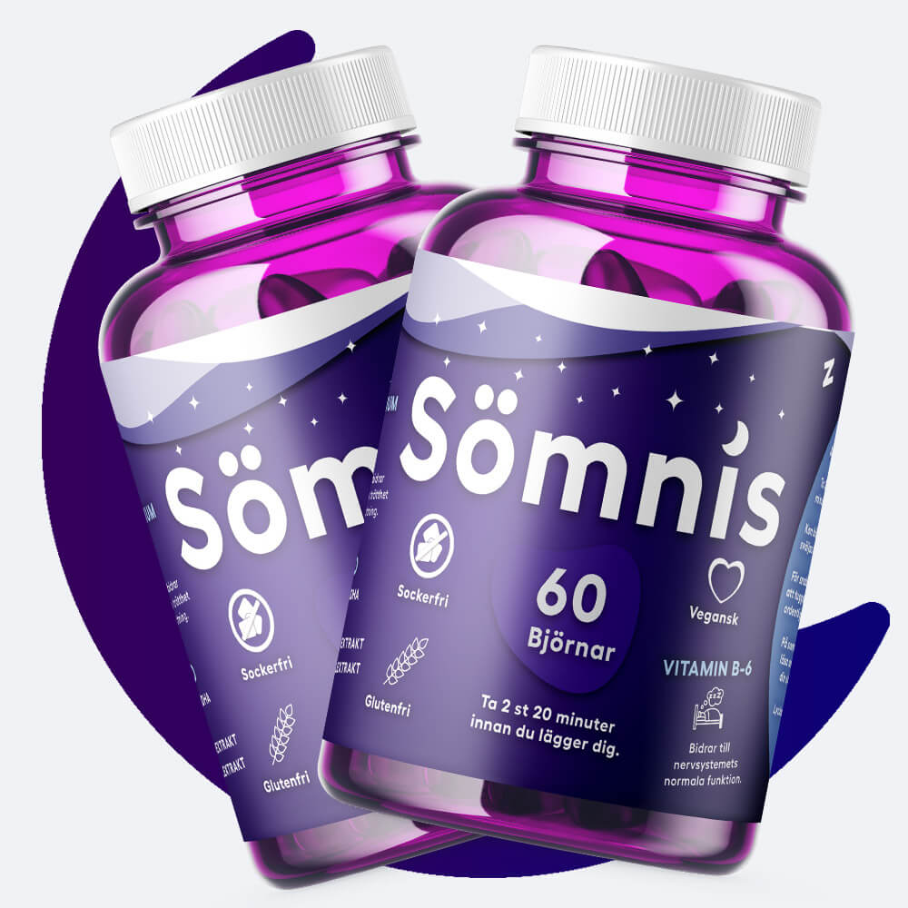 Sömnis gummibjörnar för bättre sömn - lila burk med vit logga och text.